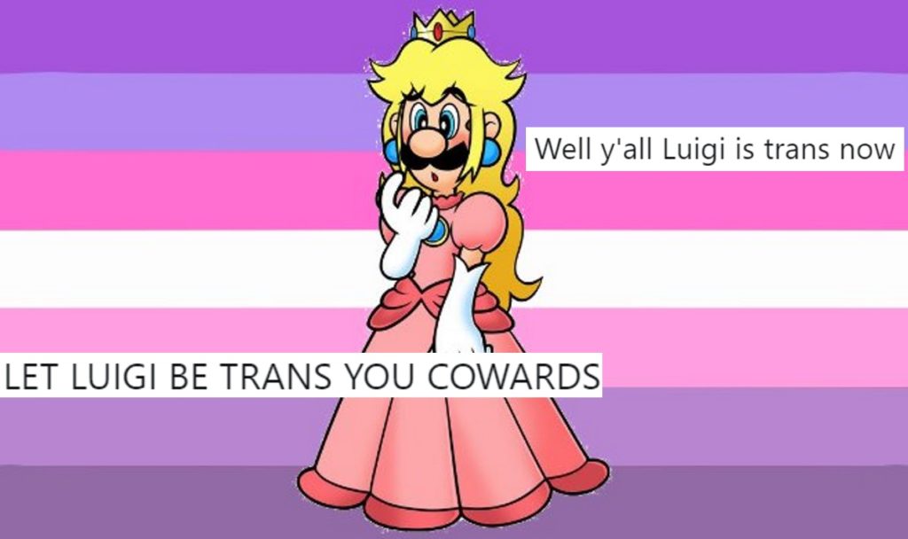 A piece of art showing Super Mario Bros. character Luigi as a trans woman, with floating tweets