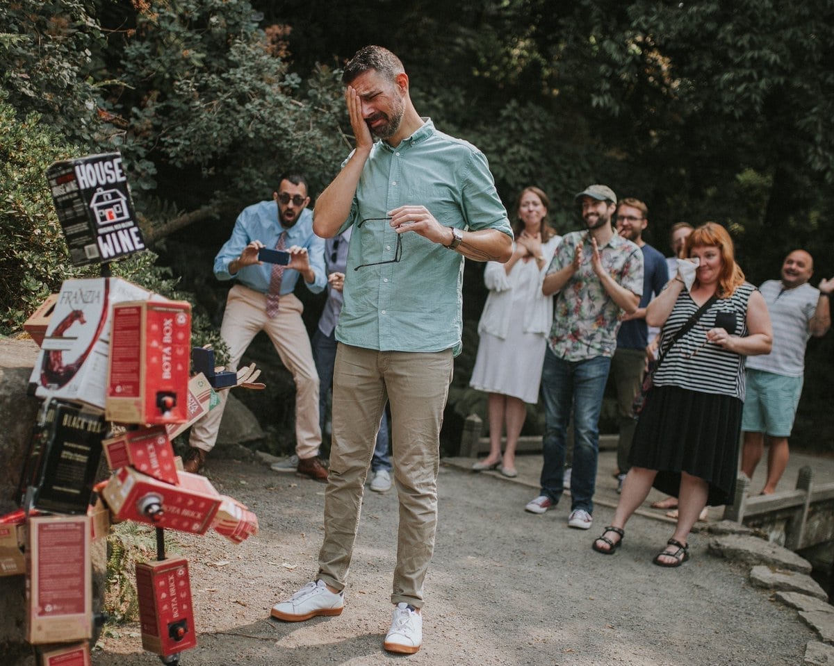 This guy just got engaged to his boyfriend made of wine boxes