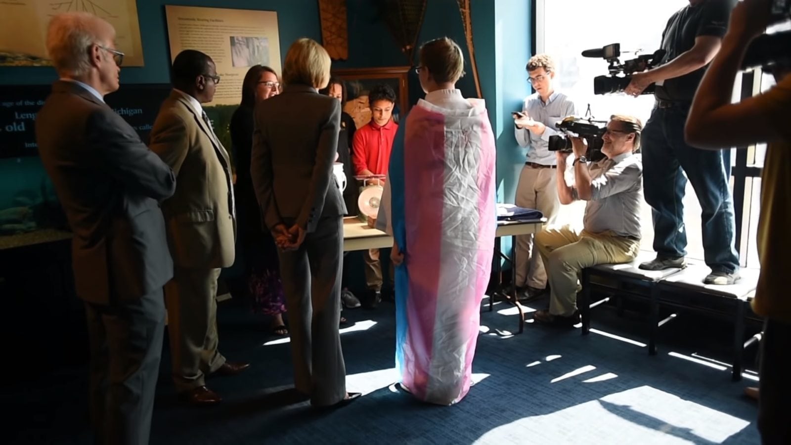 Brave 14-year-old makes trans flag protest against Trump's Education Secretary Betsy DeVos