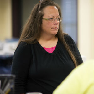 The homophobic clerk is out of jail, and is still banging on about something