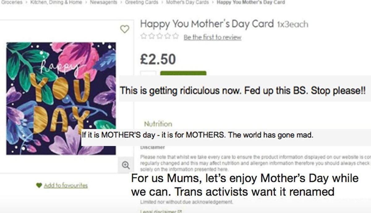 A supermarket is selling a gender-neutral Mother's Day card and people aren't happy