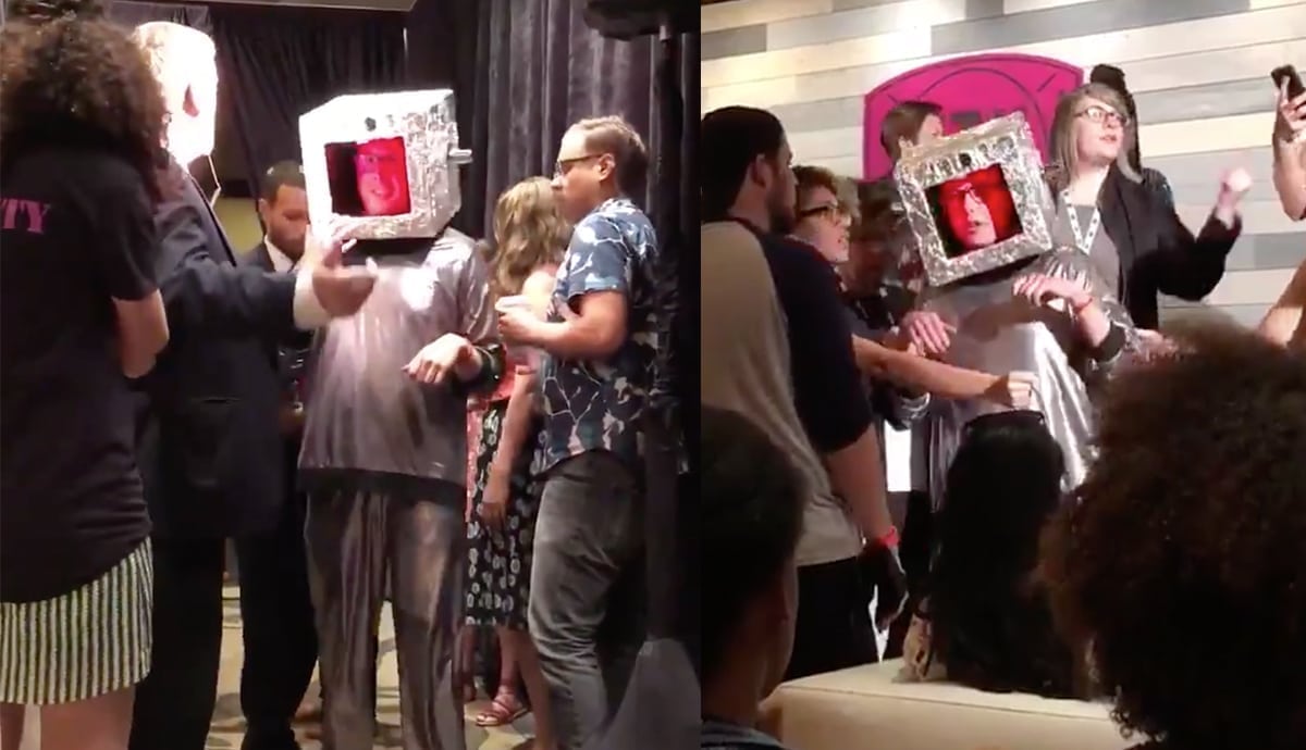 Man in robot costume crashes television diversity panel with anti-LGBT heckling
