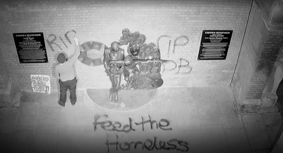David Bowie statue vandalised with 'feed the homeless' a day after its unveiling
