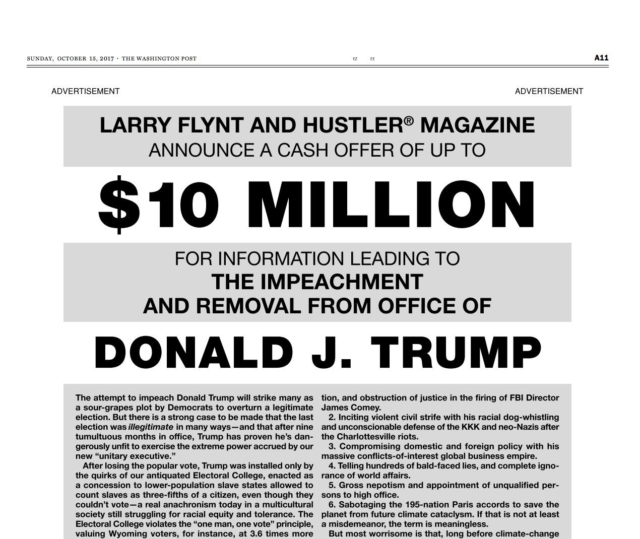 Porn king Larry Flynt offers $10 million to anyone who can help impeach Trump