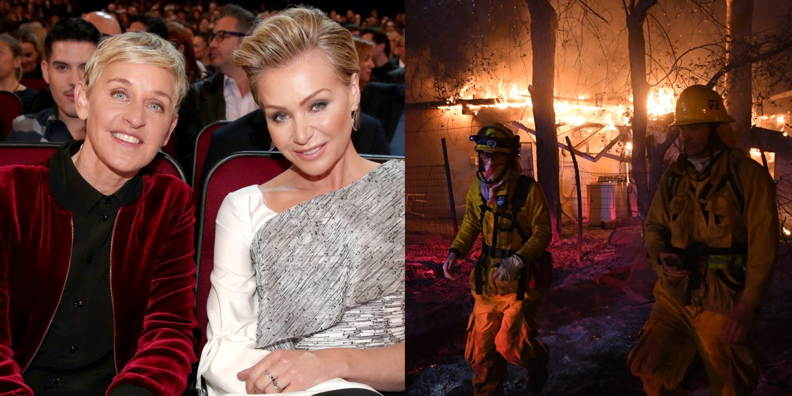 Ellen DeGeneres and Portia de Rossi evacuate their home as fire threatens to engulf it