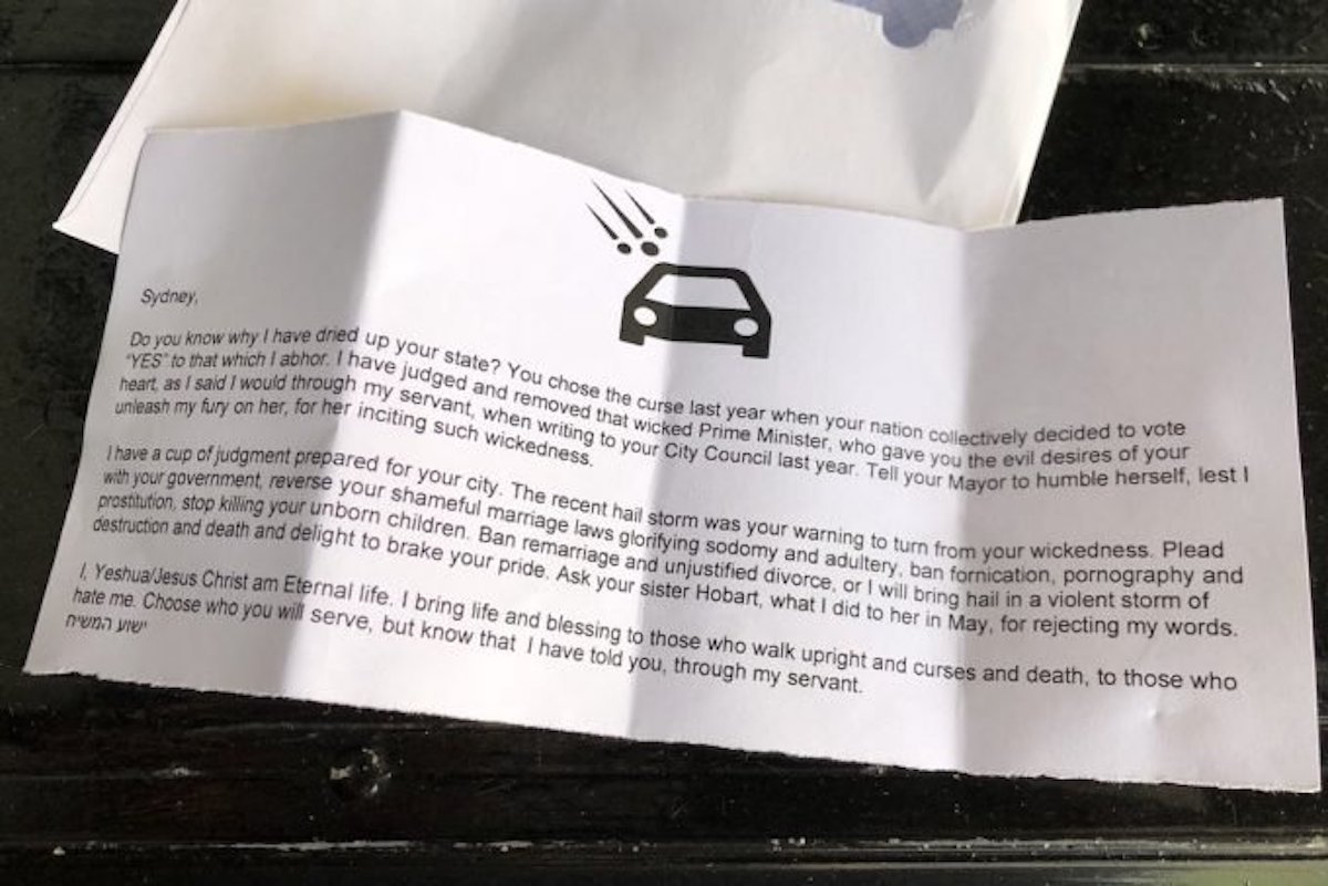 Letters 'written by Jesus' blame gays for droughts and hail storms in Australia—again