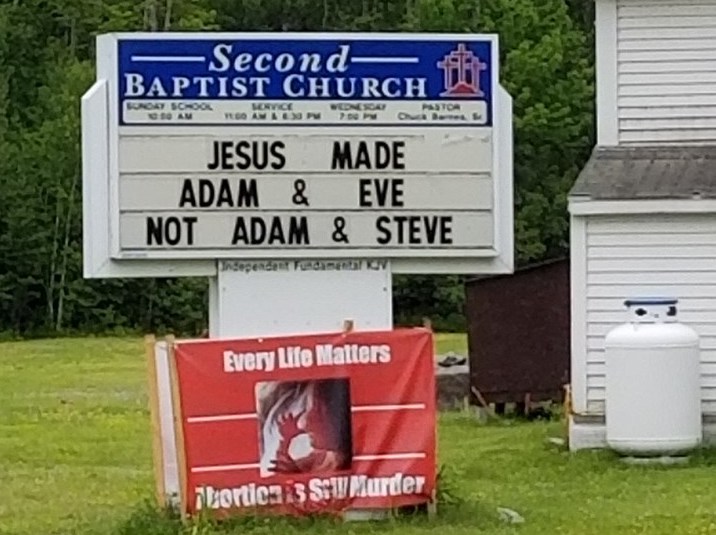 Anti-gay sign outside Maine church: 'Adam and Eve, not Adam and Steve'