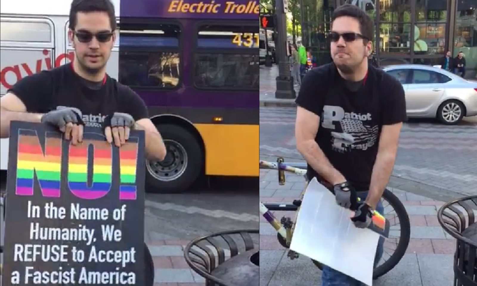 This far-right activist tried and failed to destroy a rainbow placard protesting fascism