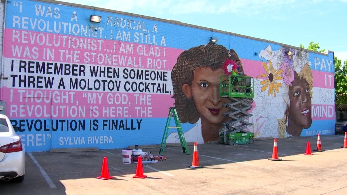 Mural of Marsha P Johnson and Sylvia Rivera - the largest trans mural in the world - vandalised with moustaches