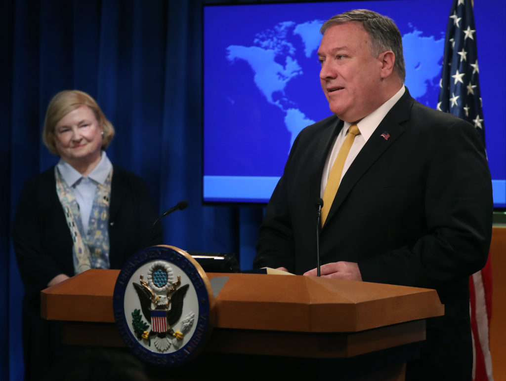 US Secretary of State Mike Pompeo is joined by commission chair Harvard Professor Mary Ann Glendon while announcing the formation of a commission to redefine human rights, based on “natural law and natural rights”, during a news conference at the Department of State, on July 8, 2019 in Washington, DC. 