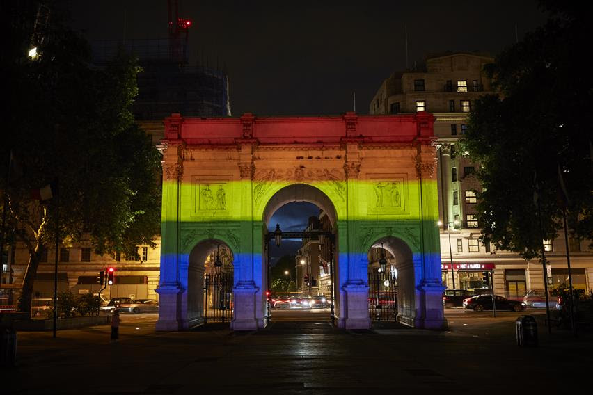 London’s Marble Arch lit up in rainbow colours to celebrate Pride