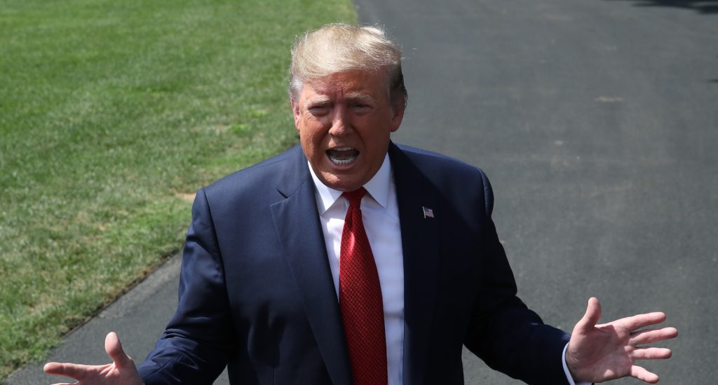 President Donald Trump speaks to the media before departing from the White House on August 21, 2019 in Washington, DC.