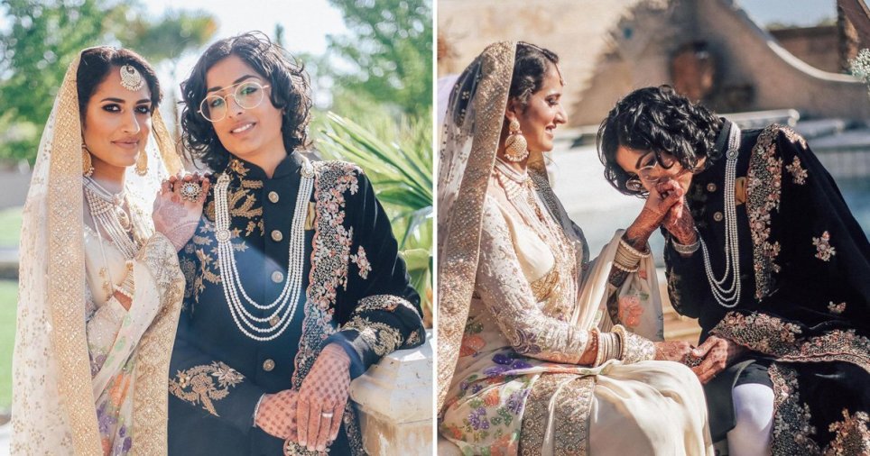 Lesbian wedding of Pakistani-Indian couple - wearing sari and sherwani