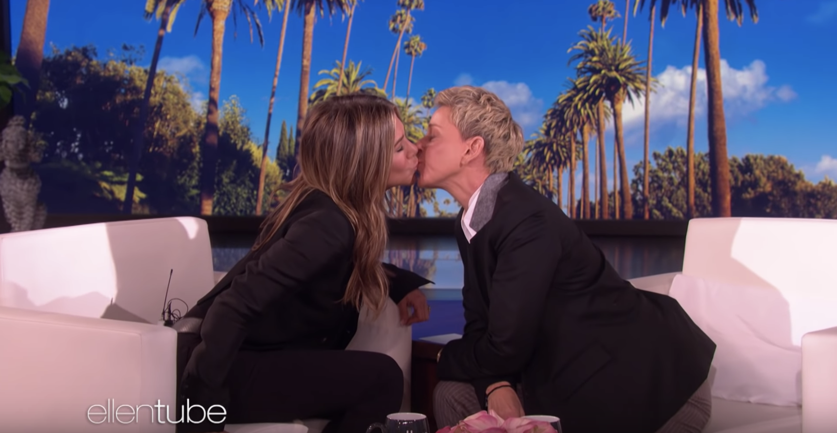 Jennifer Aniston just gave Ellen DeGeneres a kiss on her 'soft lips'