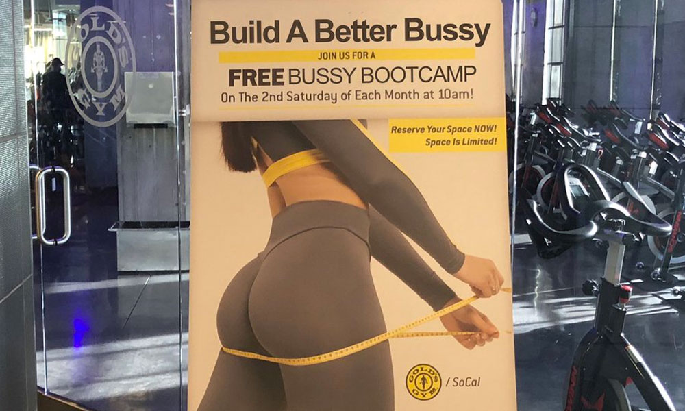 A poster advertising a 'build a better bussy' class with a photo of a woman's rear sent gay Twitter off the deep end