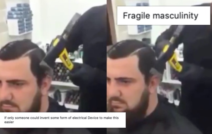 This man getting a haircut with an axe and a hammer is the dictionary definition of toxic masculinity