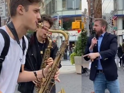 Homophobic hate preacher drowned out by street performers with saxophones