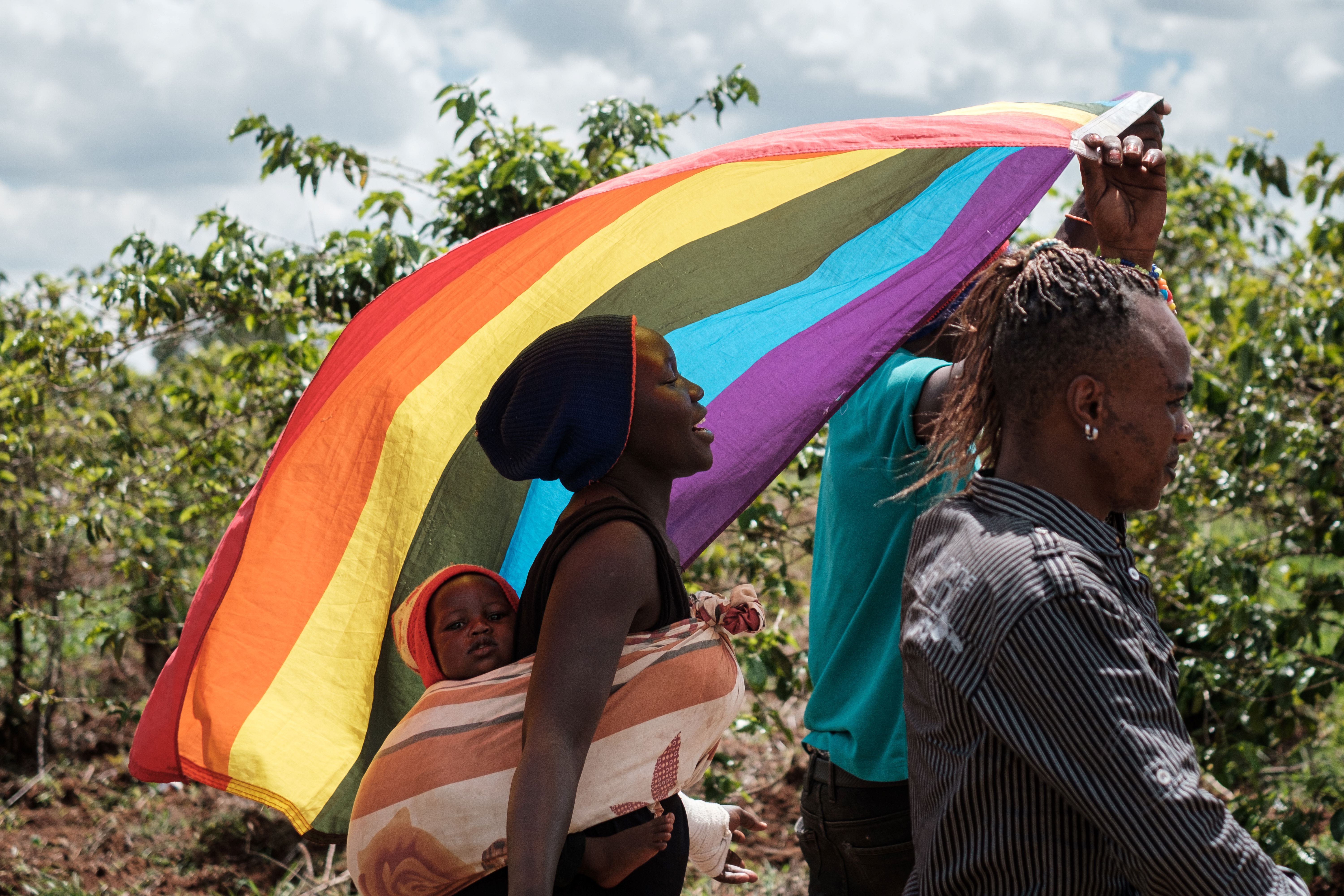 LGBT+ refugees from South Sudan, Uganda and DR Congo walking to the office of the UN High Commissioner for Refugees in Kenya to demand protection 