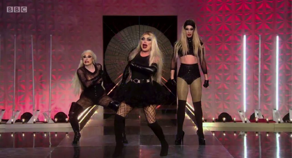 Drag Race UK queens Blu Hydrangea, Divina De Campo and Baga Chipz dressed as the Frock Destroyers