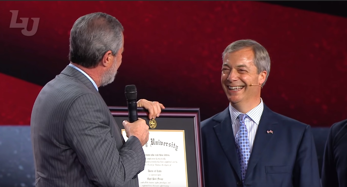 University that punishes students for being gay just gave Nigel Farage an honorary doctorate