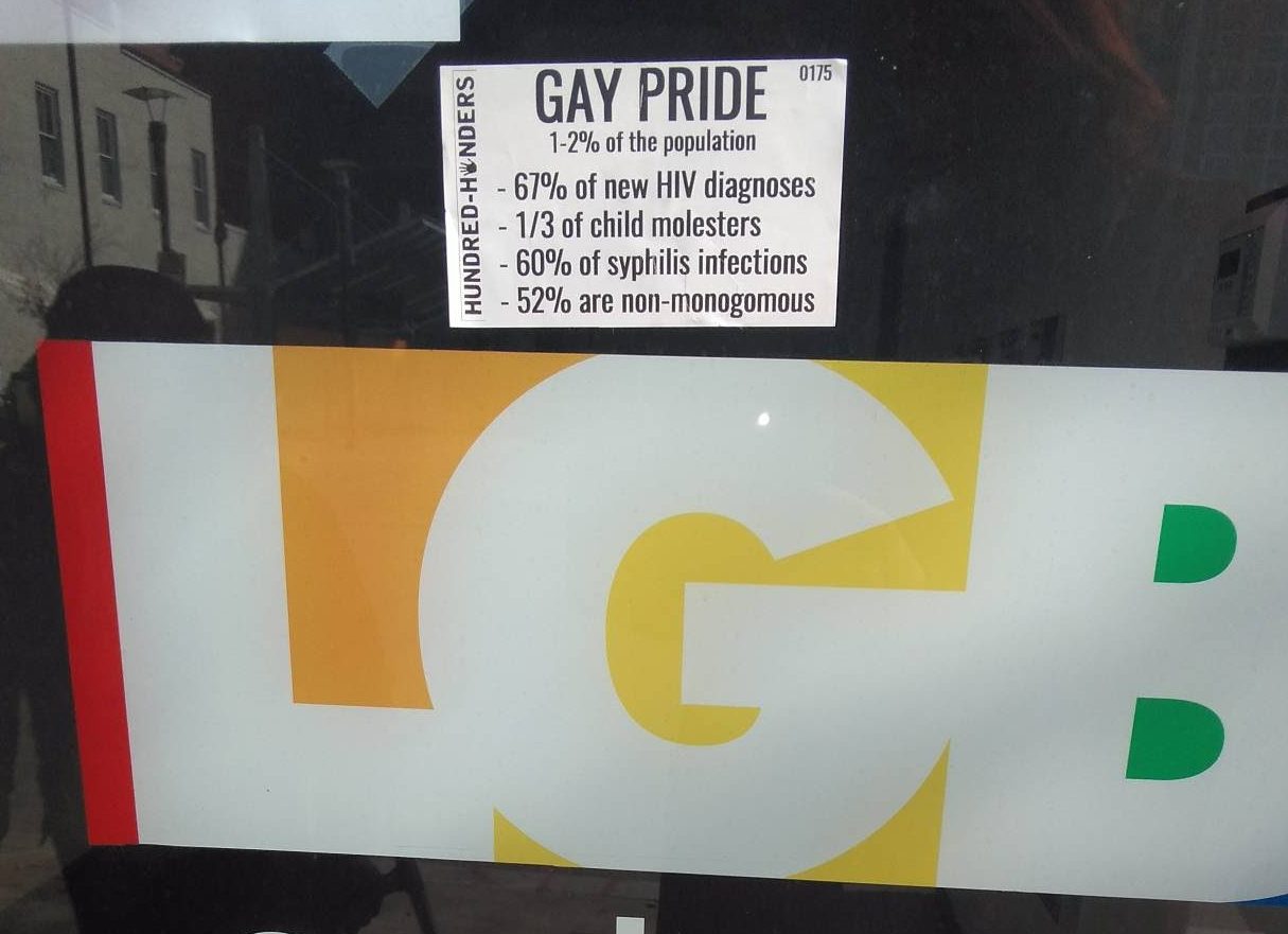 White supremacists protest Drag Queen Story Hour with stickers saying gay people are child molesters