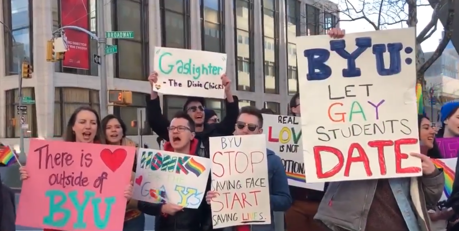 Protests against Mormon university ban on 'same-sex romantic behaviour' reach New York, more than 1,000 miles away