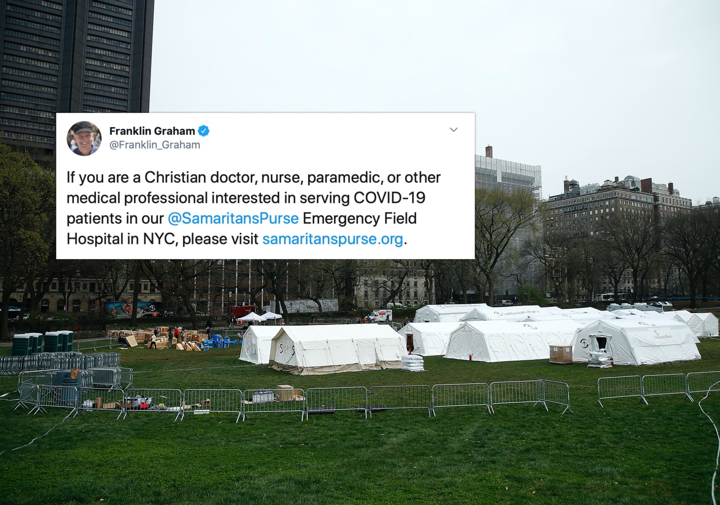 The makeshift hospital in New York City is being run by none other than anti-LGBT+ preacher Franklin Graham