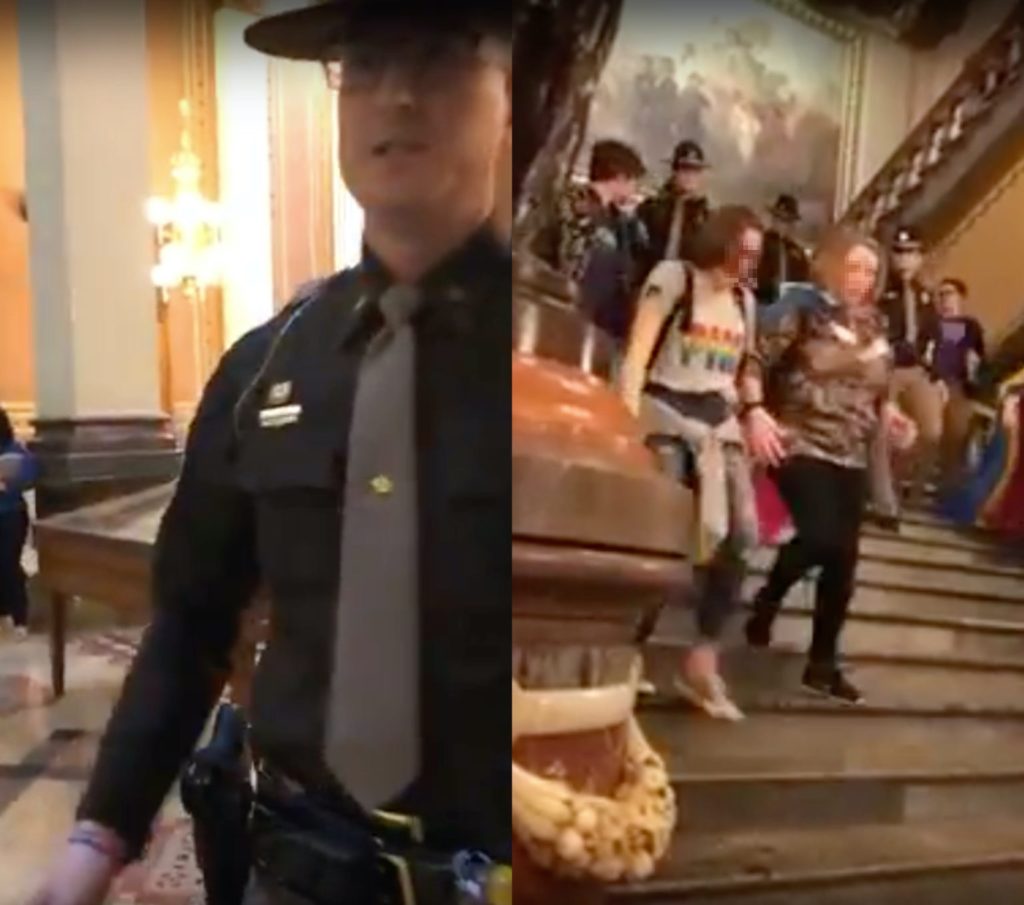 The Iowa state trooper demanded the trans teen leave after they used the restroom, with one teen lashing back &quot;Why do you care?&quot; On the right, the students leave the building in tears. (Iowa Safe Schools)