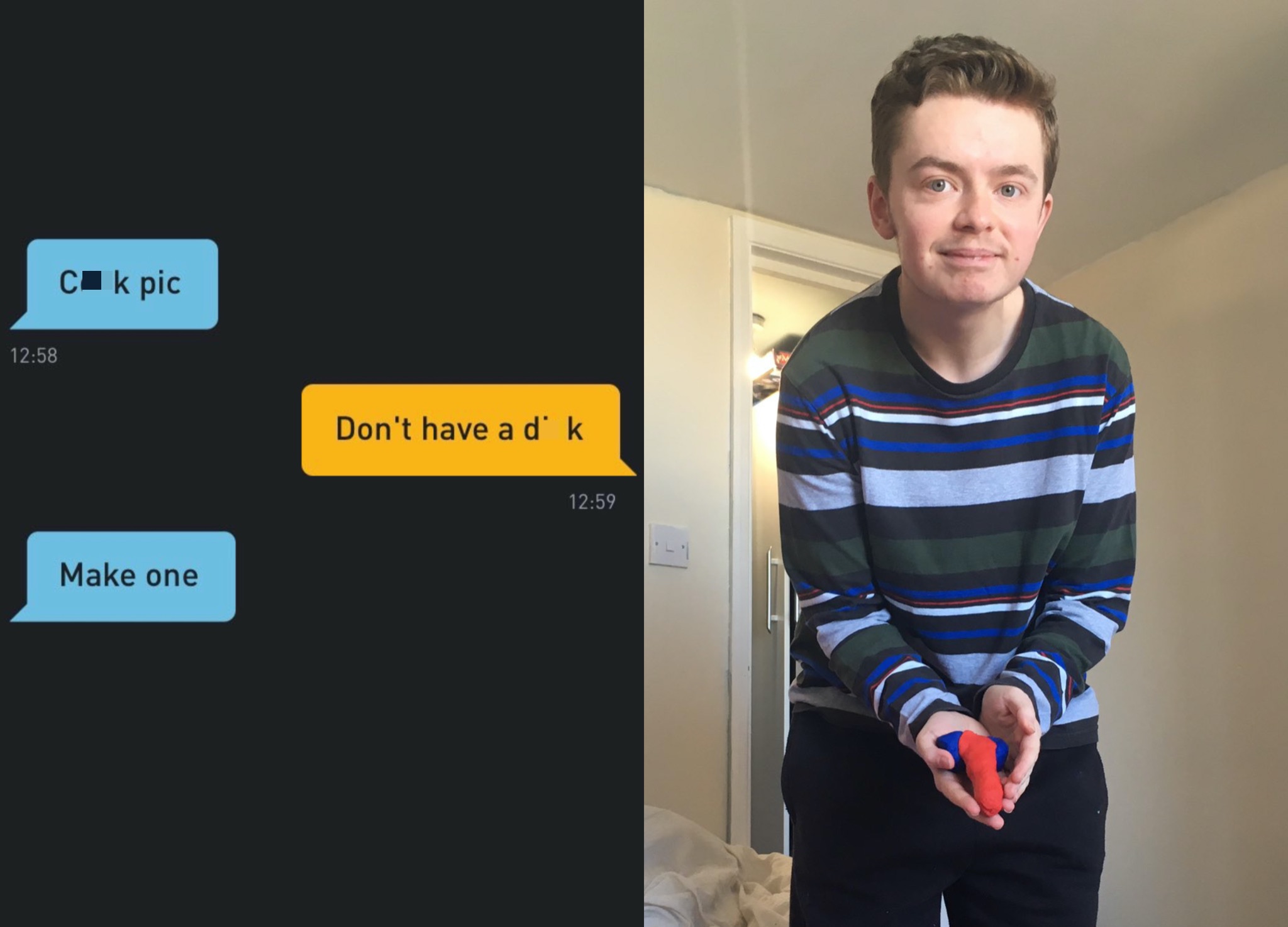 A Grindr letch asked this trans guy to 'make a d**k' before he sent a nude. But it wasn't quite what he was looking for