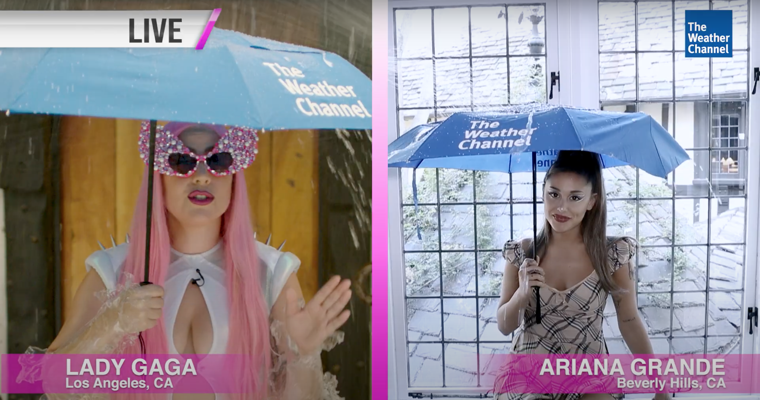 Oh, what's this? Just a video of Lady Gaga and Ariana Grande getting 'soaking wet' while giving a Chromatica weather update