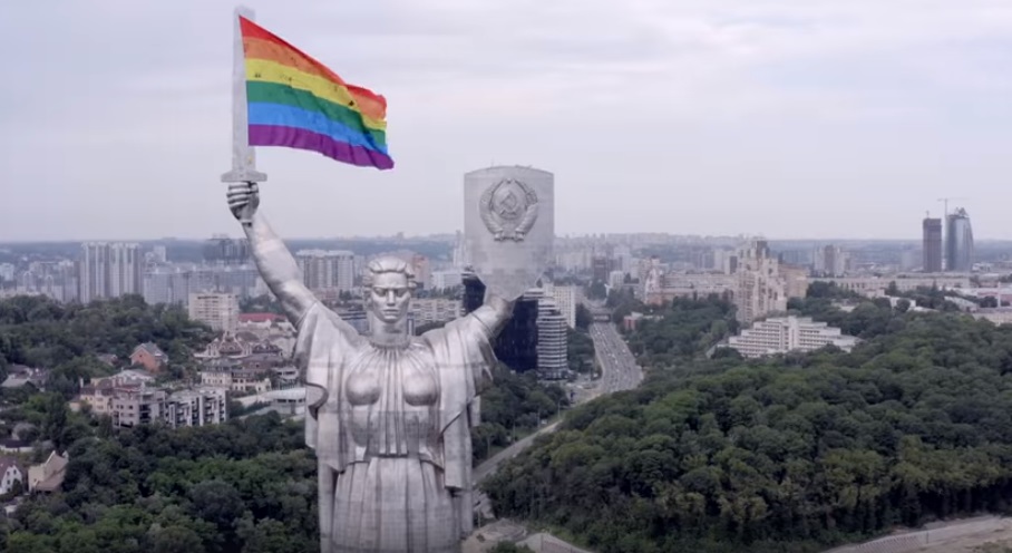 LGBT+ activists in Kyiv use drones to transform an old, controversial Soviet monument into a powerful symbol of equality