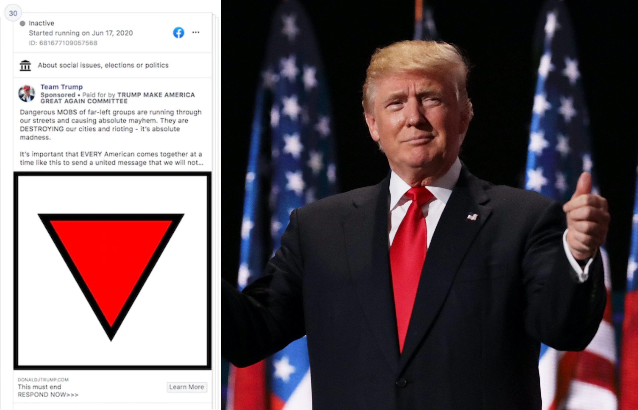 Trump advert showing the upside-down triangle used by Nazis to denote queer prisoners removed by Facebook