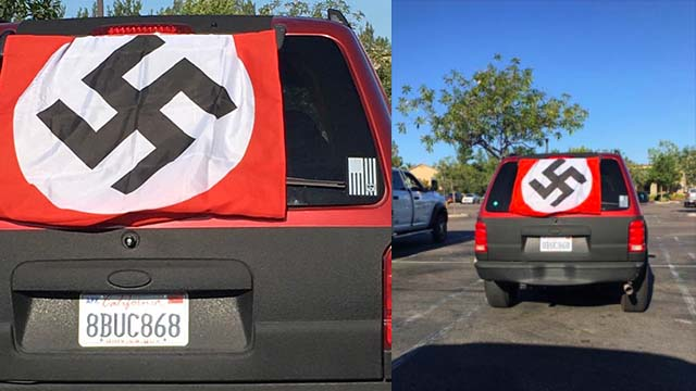 Vile bigot who flew Nazi flag to show his 'total opposition Black Lives Matter and the gays' says he was attacked by vigilantes