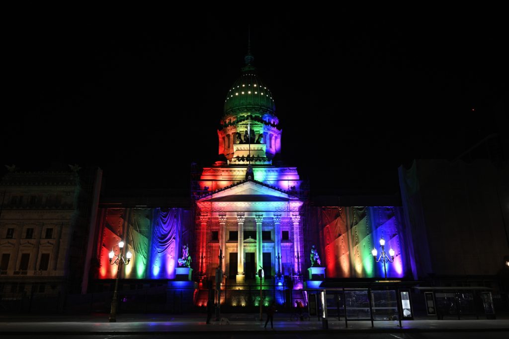 The Argentine Congress is illuminated in the rainbow colours to celebrate the 10th anniversary of the legalization of same-sex marriage in the country.( JUAN MABROMATA/AFP via Getty Images)