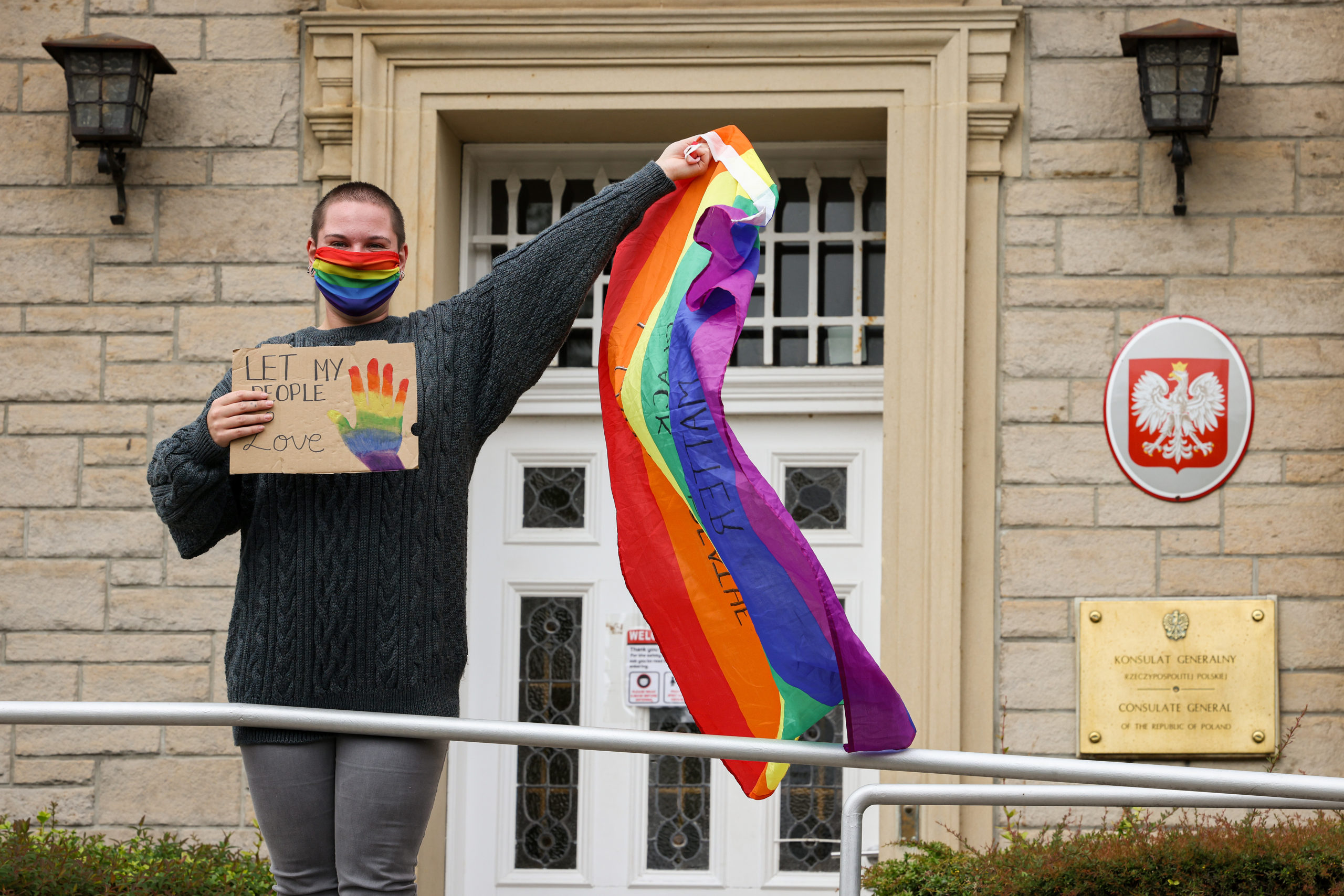 Activists stage beautiful kaleidoscopic protest at Polish consulate with rainbows, pride and solidarity with LGBT+ Poles