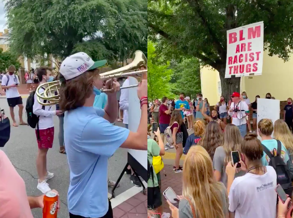 Student goes viral after drowning out homophobic, racist demonstrator with his trombone