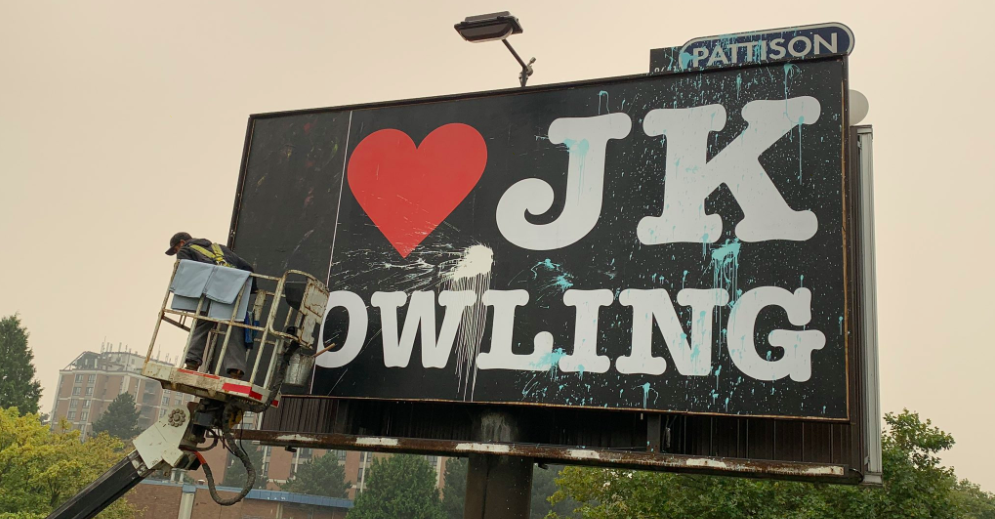 JK Rowling billboard covered up after fierce opposition and paint attacks. It lasted less than 24 hours