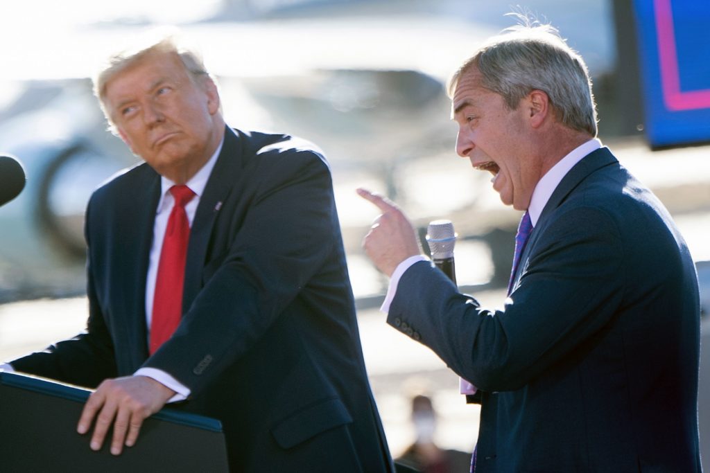 British Brexit Party leader Nigel Farage (R) sought to buoy Donald Trump