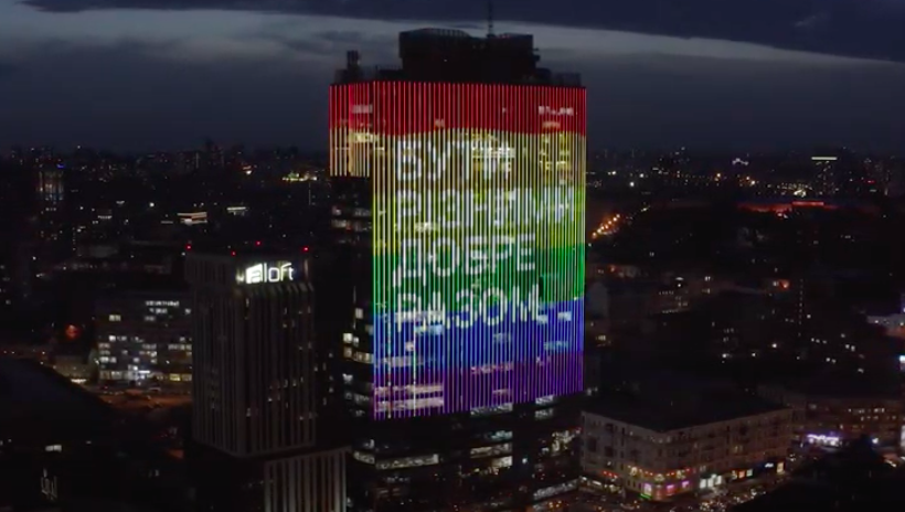 Kyiv skyscraper defiantly flies 140-metre tall rainbow flag and message of togetherness for Pride
