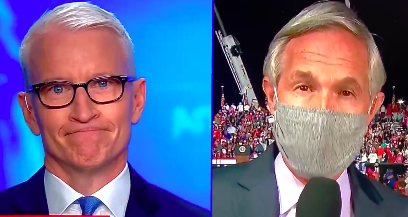 Anderson Cooper looking like he's having an out of body experience while 'Macho Man' interrupts a live Trump rally report is truly all of us