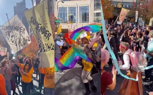 Biden supporters celebrate in the street singing YMCA, reclaiming the gay anthem from soon-to-be former president Trump