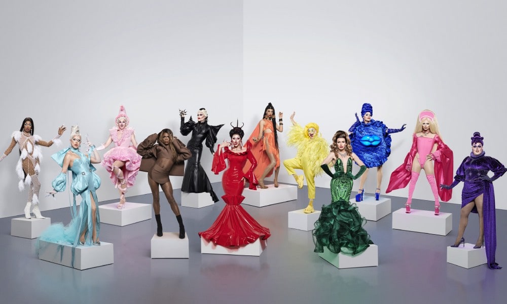 Drag Race UK season 2 queens, each dressed in one of the colours of the Progress Pride flag