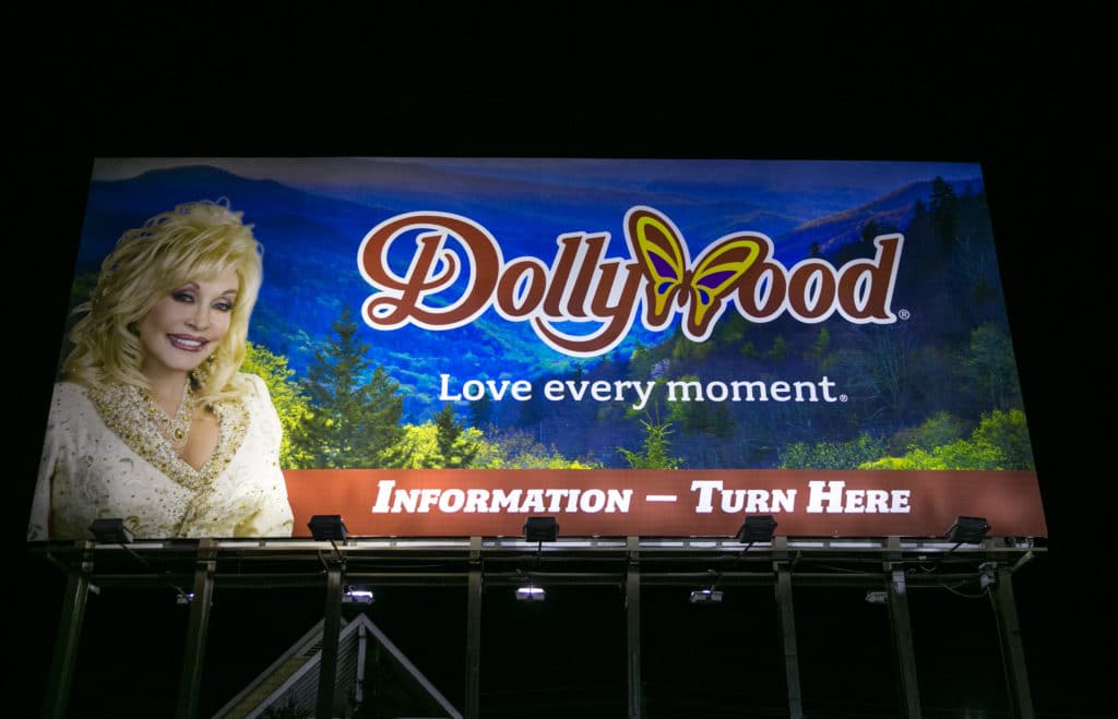 A billboard promoting Dolly Parton
