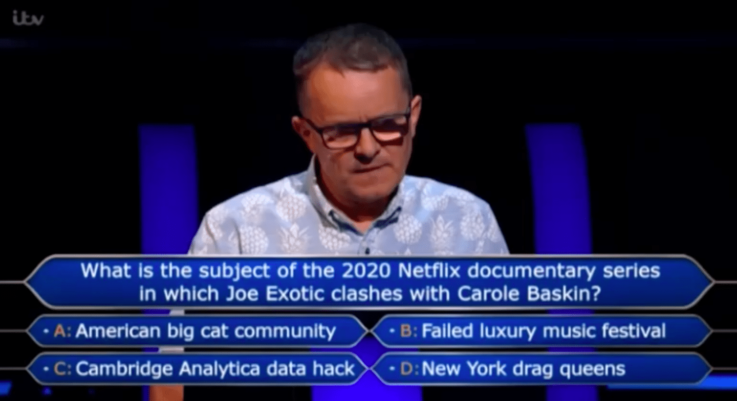 Who Wants to Be a Millionaire? player wastes three lifelines on frustrating Tiger King question