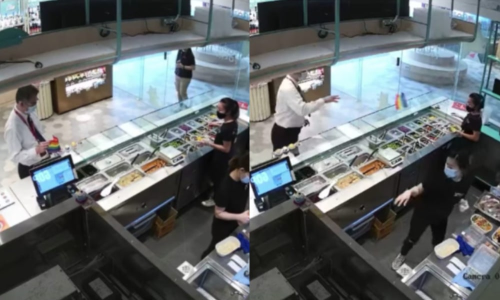 Raging homophobe caught on CCTV abusing restaurant staff simply for displaying a Pride flag