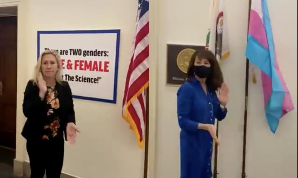 Trans flag hung outside Marjorie Taylor Greene’s office by mother of trans kid. She hit back with transphobia