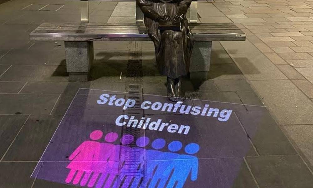 COVID-19 still rages and the climate crisis worsens, yet TERFS are spending their time projecting 'transphobic messaging' onto the floor