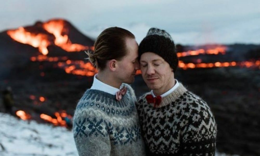 Gay couple celebrate their love by tying the knot next to 'beautiful, awe-inspiring' erupting volcano