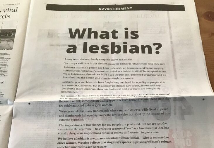 LGB Alliance says trans women can't be lesbians in 'demeaning' anti-trans newspaper ad