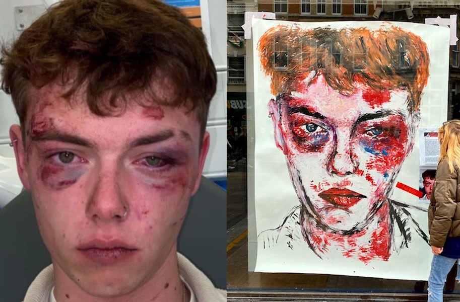 Artist uses fists to paint powerful portrait of bisexual teen beaten for 'not being straight'
